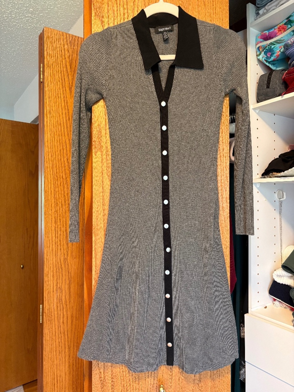 Ellen Tracy Grey Ribbed Knit Fit and Flare Button-Front Dress S